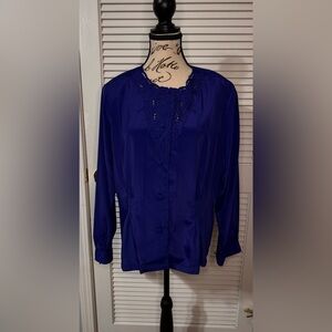 David Matthew Vintage Elegant Navy Blouse with Embroidered Detail NWT